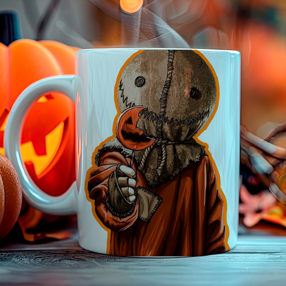 Taza de cerámica decorativa de 11Oz con diseño Sam Trick or Treat - Humushy - Ideal para Halloween.